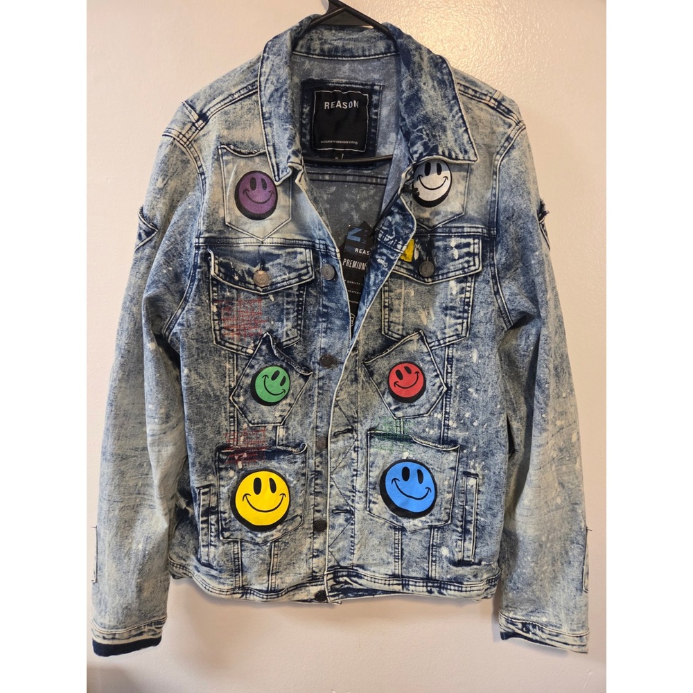 Reason Mens Acid Wash Denim Smiley‎ Face Patch Trucker Jacket Blue Medium NEW